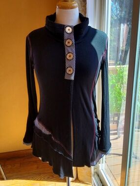 Joseph Ribkoff Black Long-Sleeve Tunic with Striped Placket and Big Buttons